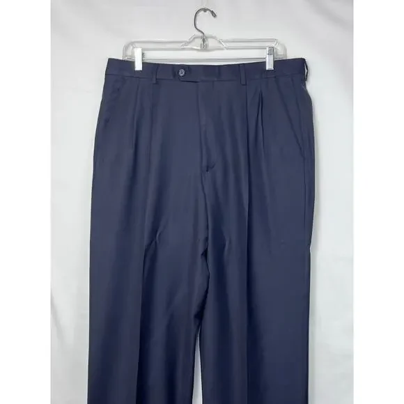 Tessilstrona Men's 35 Navy Blue 100% Wool Pleated Front Cuffed Hem Dress Pants